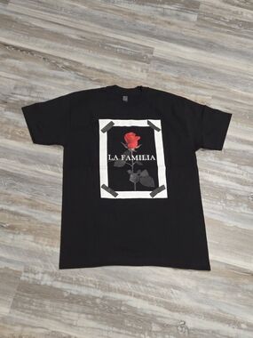 Black Graphic Tee with Red Rose Print